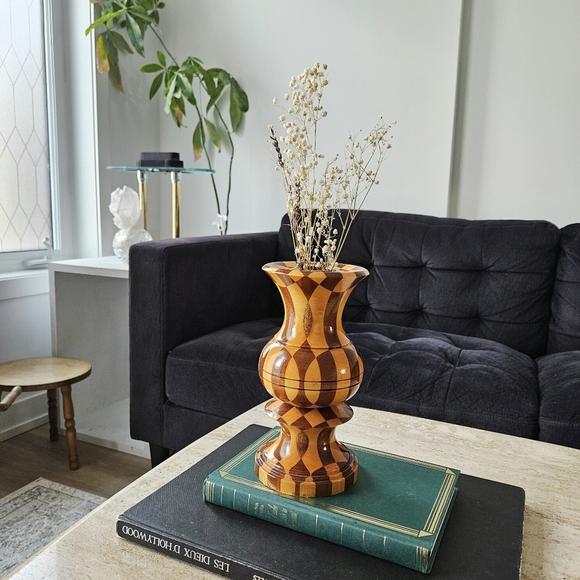 Vintage Segmented Multi Wood Mosaic Hand Turned Vase Two Tone Mid Century Modern - Picture 2 of 8